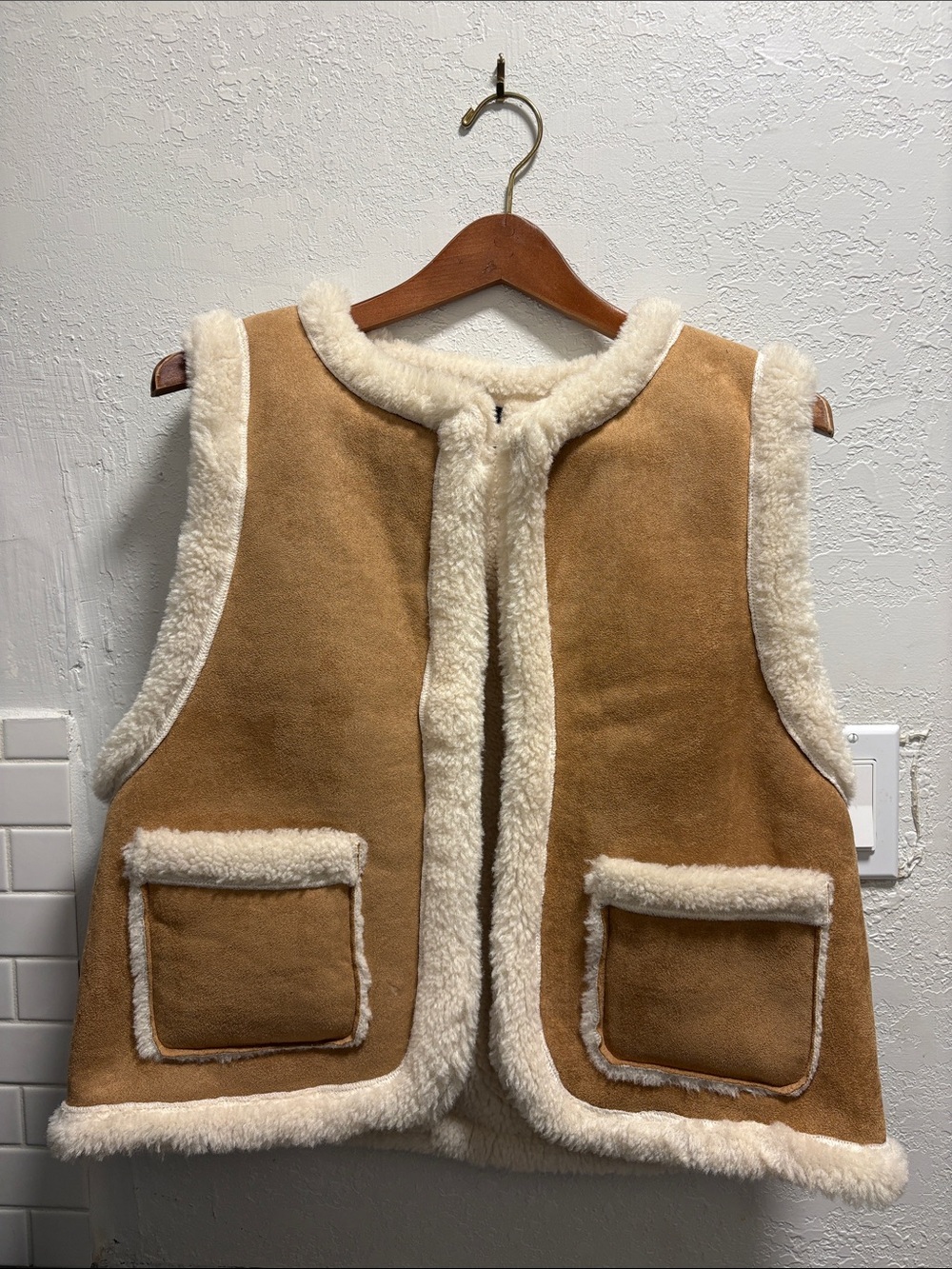 Do everything in love Tan Faux Shearling Vest with Cream Trim